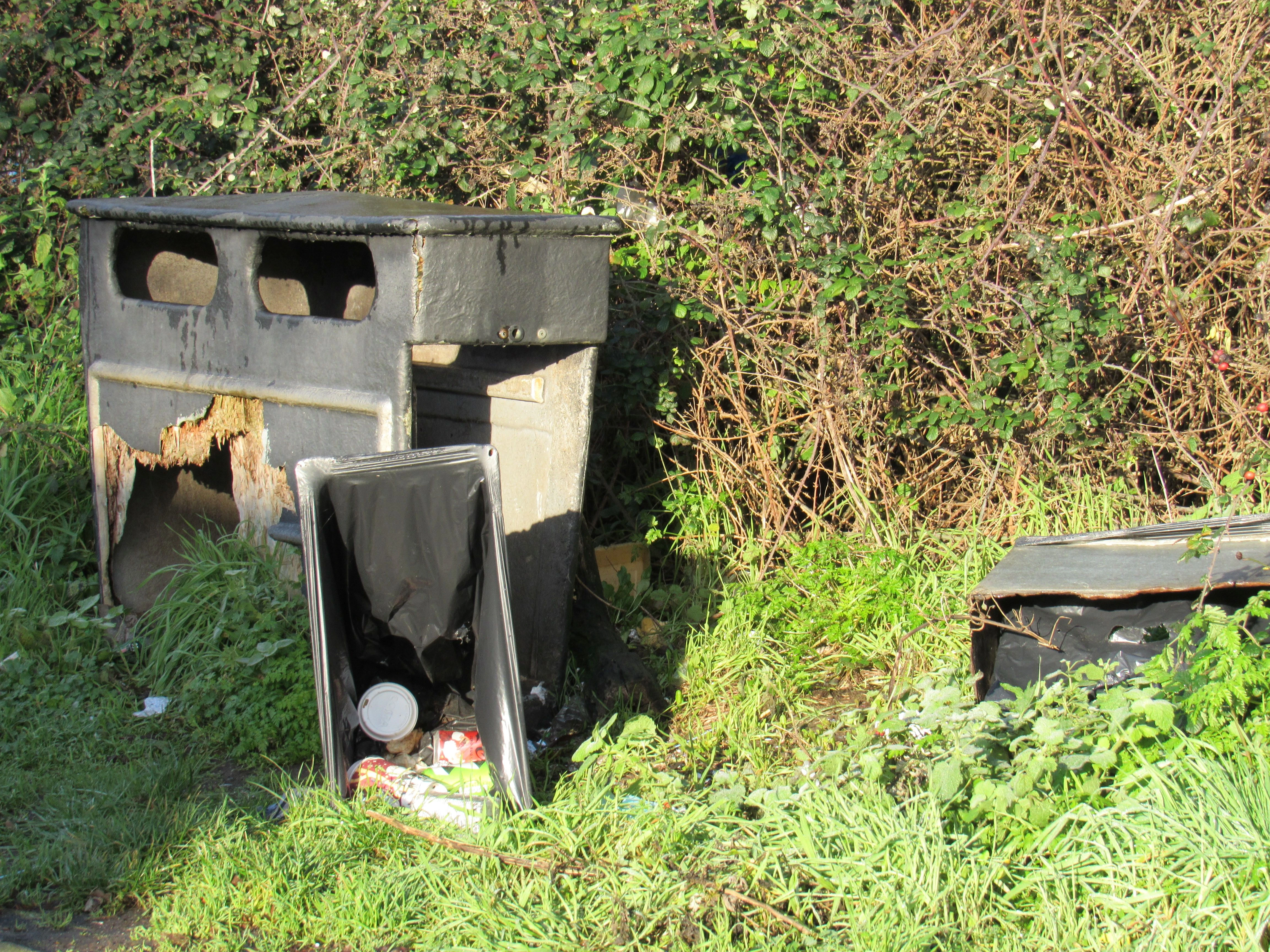 a photo of old broken bins at a layby in Tunbridge Wells